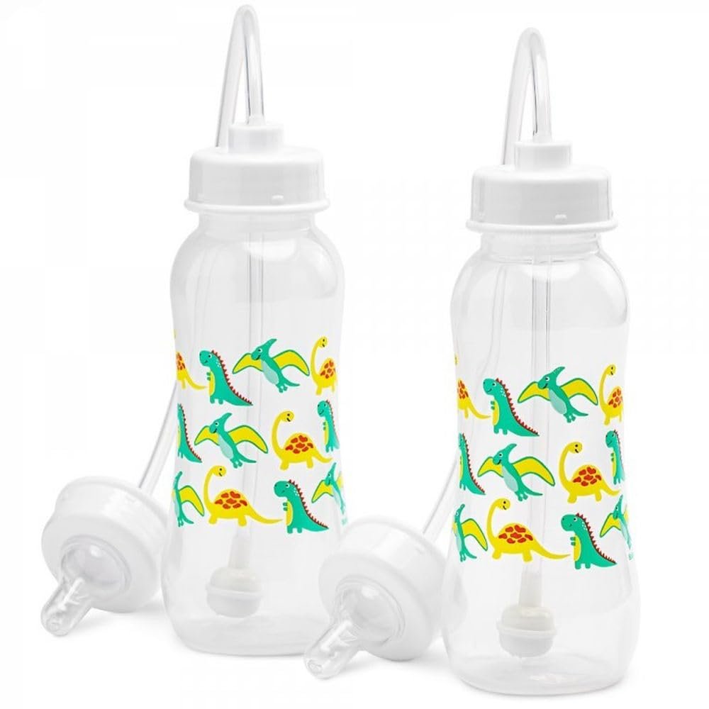 Hands-Free Baby Bottle - Anti-Colic Nursing System 9 oz Baby Bottle with Fast Flow Nipple/Teat 3m+ with Tube Straw Feeding System for Toddler (2 Bottles - Dinosaur)