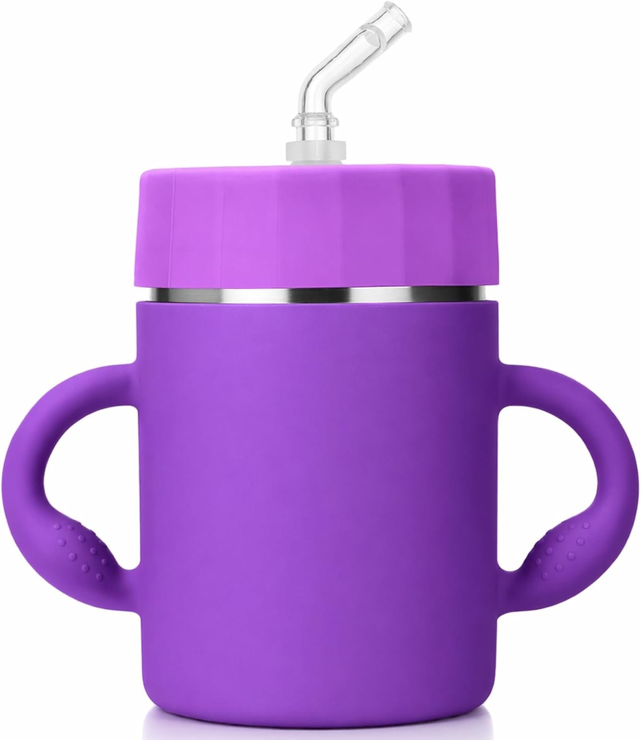 BUSOHA Kids Insulation Stainless Steel Tumbler - Kids Water Bottle with Handle Spill Proof Flexible Straw Sippy Cup Stainless Steel Training Cup for Picnic Travel,12oz,Purple