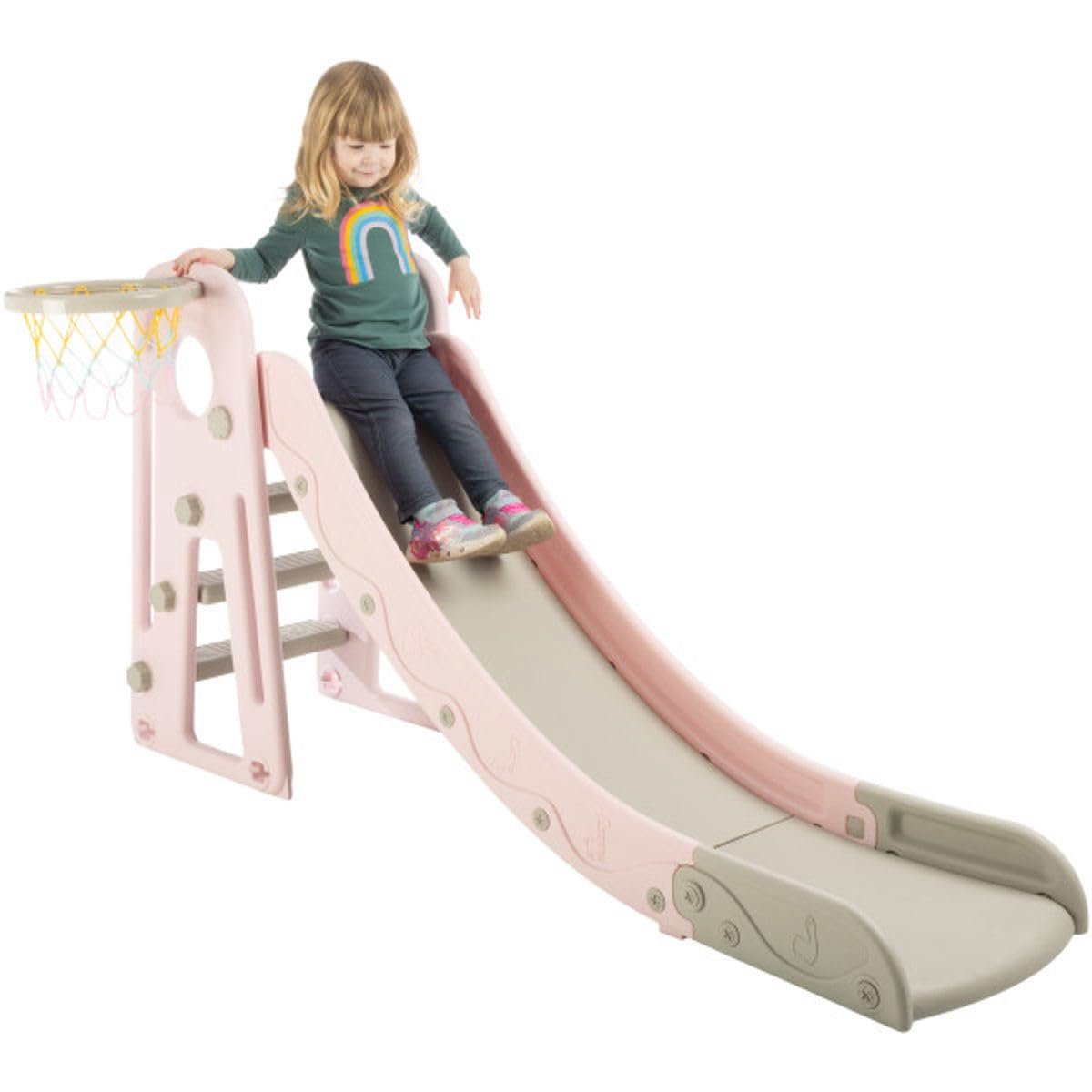 Toddler Slide with Basketball Hoop and Ball - Indoor and Outdoor Play Equipment for Kids Age 3 and Up - Foldable Plastic Climber Slide Playset Toys by Hey Play (Pink)