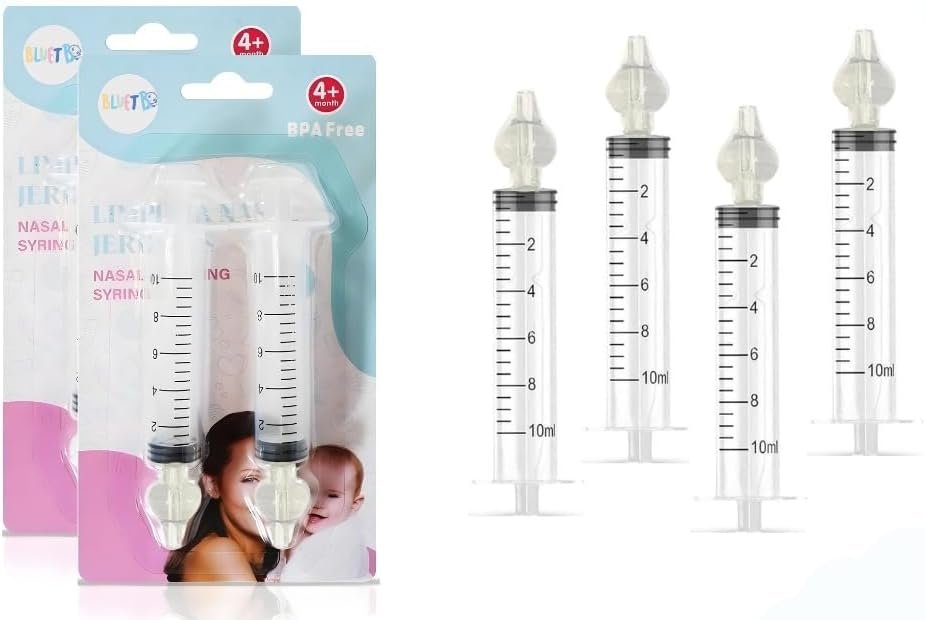 Bluet B - Baby Nasal Syringe (4-Pack) - Safe Silicone Nasal Aspirator for Newborn - Infant Mucus Removal - 10ml Nose Cleaner Syringe for Baby - Toddler Congestion Relief - Reusable Tips - White