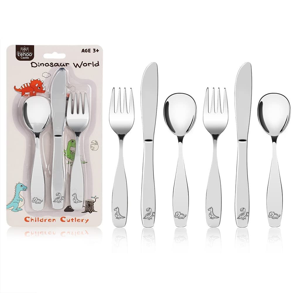 Lehoo Castle Kids Silverware Stainless Steel 6-Piece - Toddler Spoons and Forks Knife Set, Toddler Utensils for 3 Year Old, Child-Safe Flatware for Self Feeding (Dinosaur)