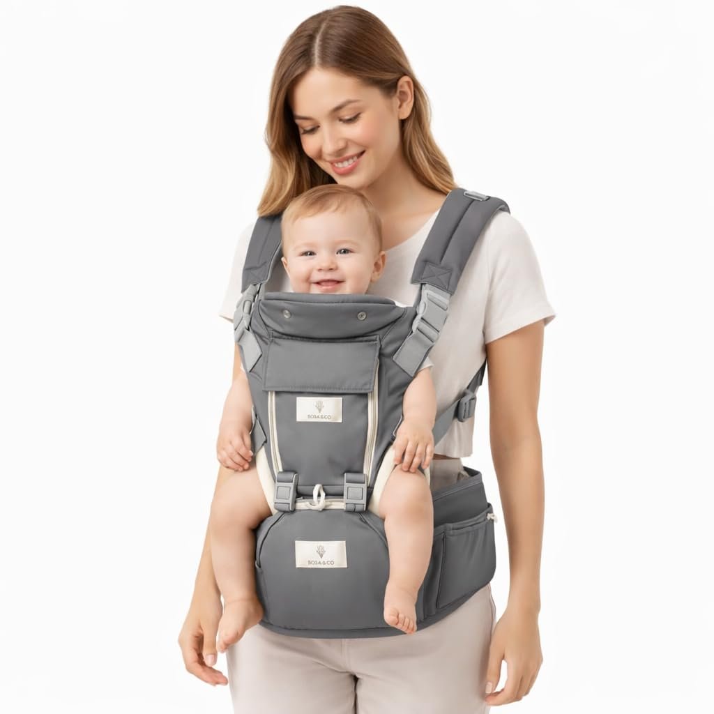 6 in 1 Hip Carrier for Baby - Easy to Wear Ergonomic Front Facing Baby Carrier with Hip Seat for 7–50 lbs - Baby Harness with Back Support, Breathable & Adjustable for Comfortable Travel - Grey