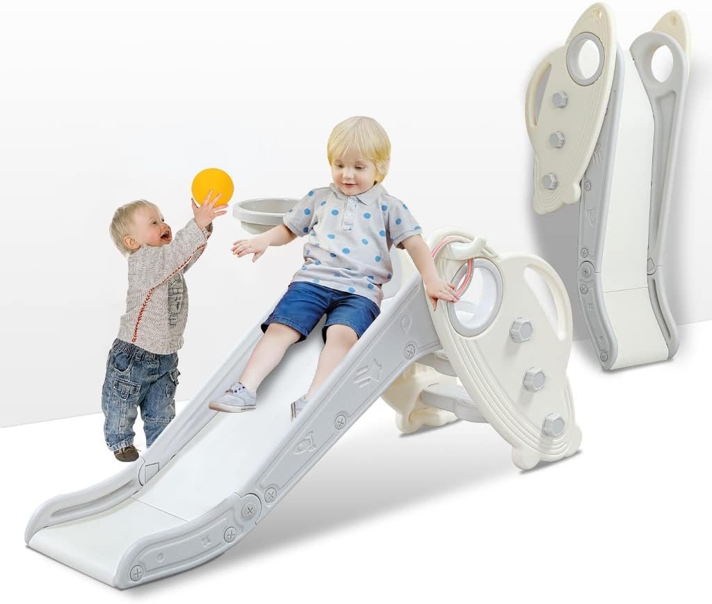 Kids Slide for Toddler Indoor Baby Plastic Slide Outdoor Climber Freestanding Playset with Basketball Hoop & Ring Game Grey