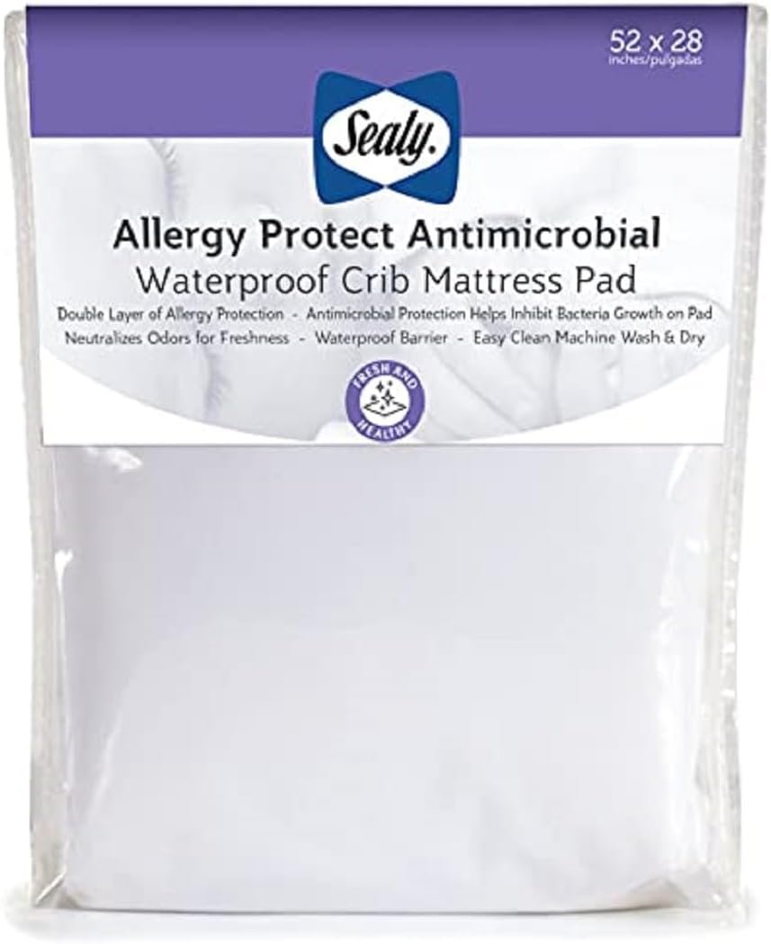 Sealy Baby Allergy Protect Antimicrobial Crib Mattress Protector Pad, Fitted Toddler Bed Cover, Protective Sheet for Boys & Girls Bedding, Waterproof, Machine Washable / Dryer Friendly, 52x28" - White