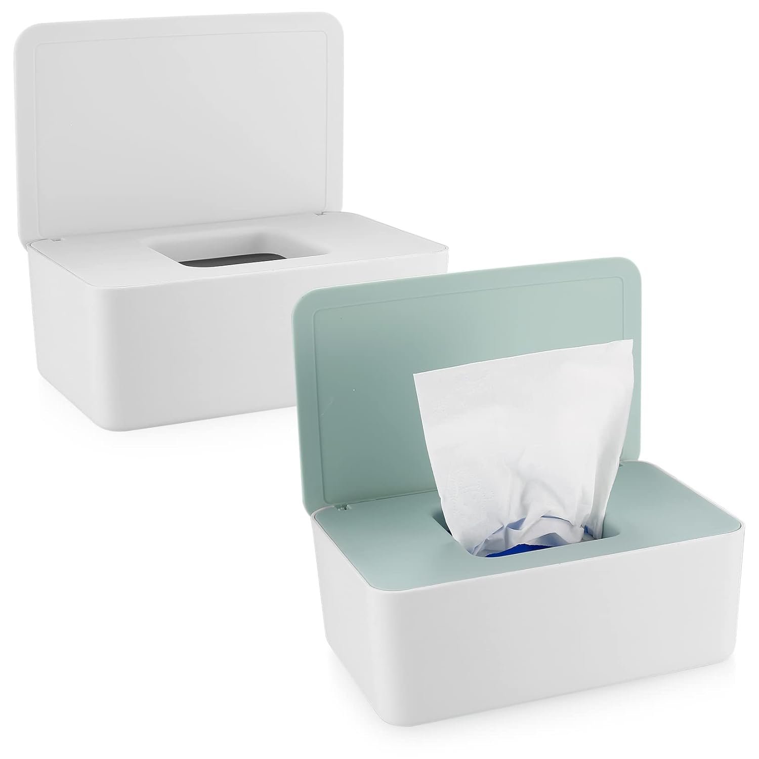 2Pcs Diaper Wipes Dispenser, Refillable Wipe Container, Wipe Container with Sealing Design Lid, Keep Wipes Fresh,Wet Wipes Cases (White/Green)