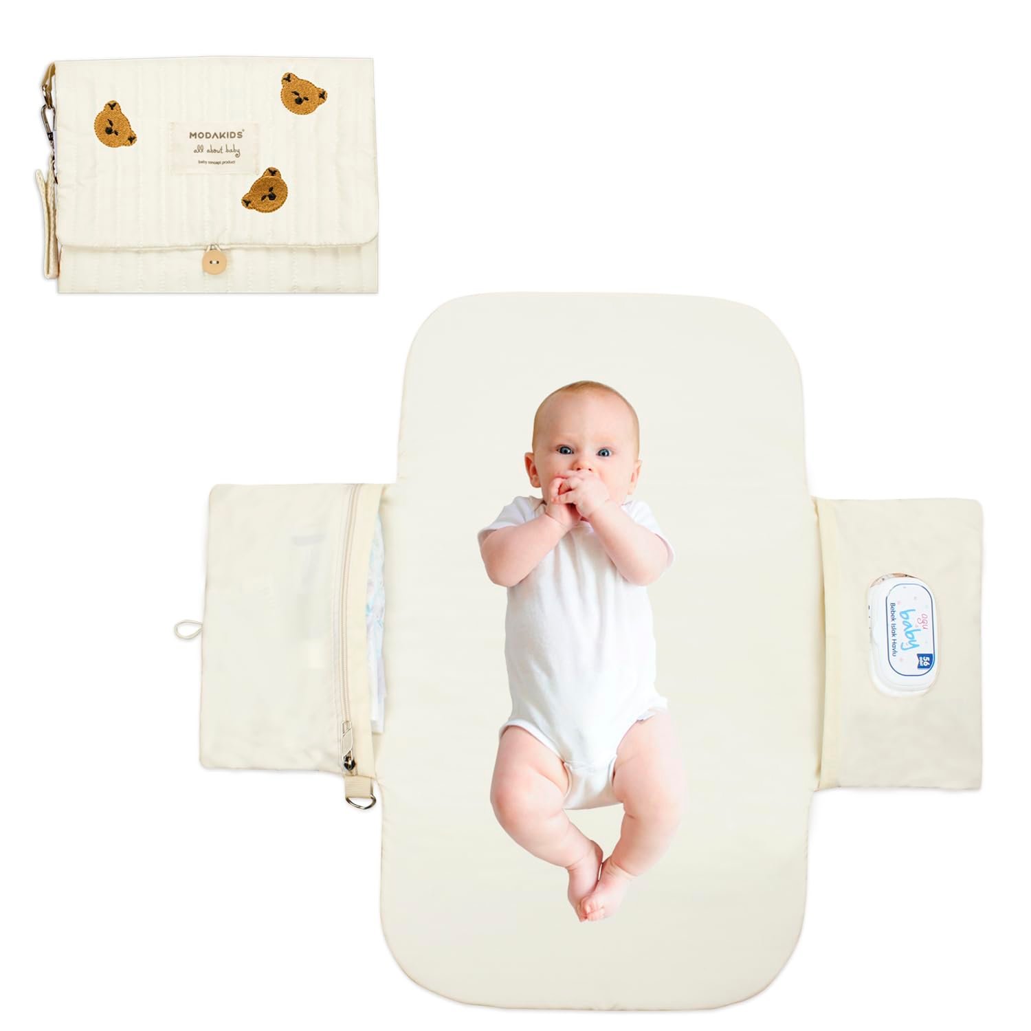 Portable Diaper Changing Pad, with, for Newborn Girl & Boy with Smart Wipes Pocket, Easy-Clean, Waterproof, Soft, Comfortable Foldable Baby Changing Pad (Bear)