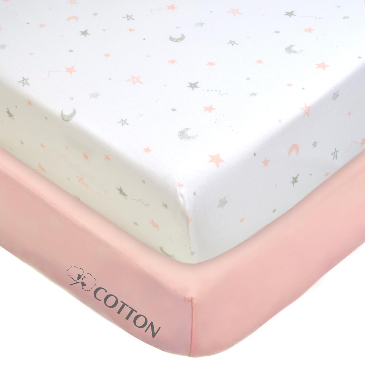 American Baby Company 2 Pack 100% Natural Cotton Fitted Crib Sheets 52" x 28" - Soft, Breathable, Hypoallergenic & Gentle Toddler Bed Sheets, Pink Stars and Blush, Neutral for Boys & Girls