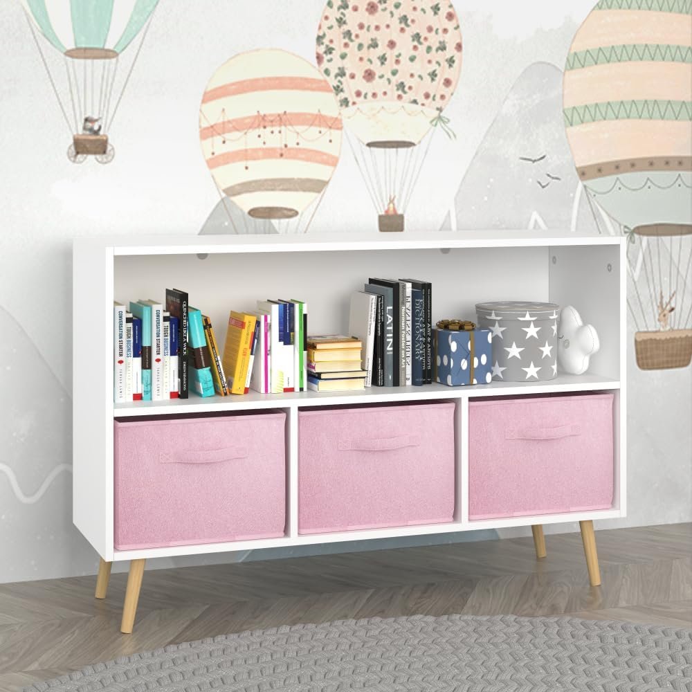 2-Tier Bookcase Bookshelf with Collapsible Fabric Drawers,Cute Book Display Storage Cabinet Organizer for Playroom Livingroom (White+Pink)