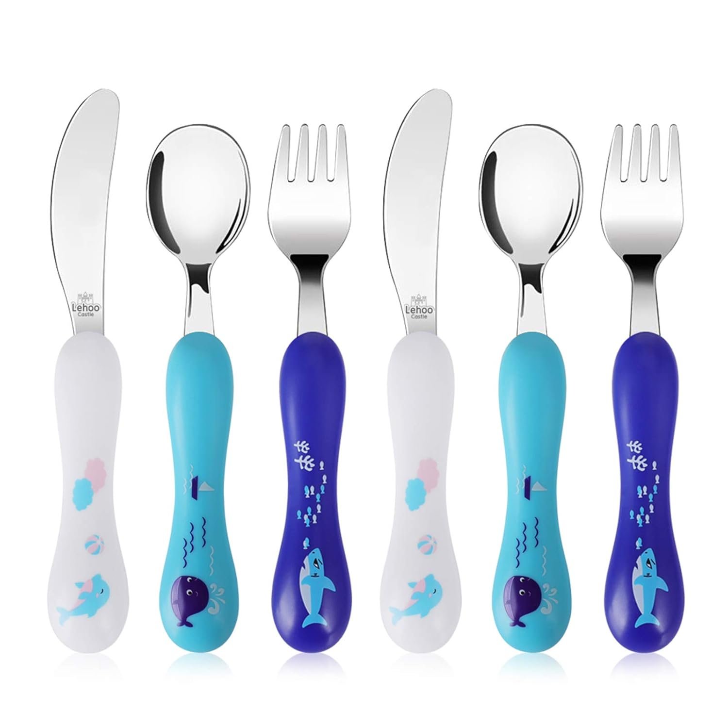 Lehoo Castle 6 Pieces Toddler Utensils, Kids Silverware for 2 3 4 Years Old, Stainless Steel Knife Fork and Spoon Set with Plastic Handle, Safe Toddler Cutlery (Blue)