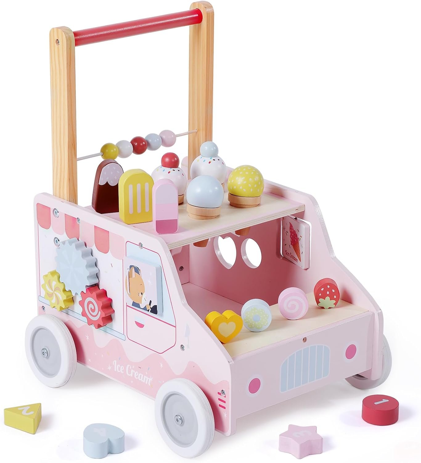 labebe Wooden Push Walker, Push Activity Walker for Kids 12M+, Multifunctional Ice Cream Cart Activity, Adjustable Speed Learning Walking with Wheels, Birthday Gift for Girls Boys Ages 1-3 (Pink)