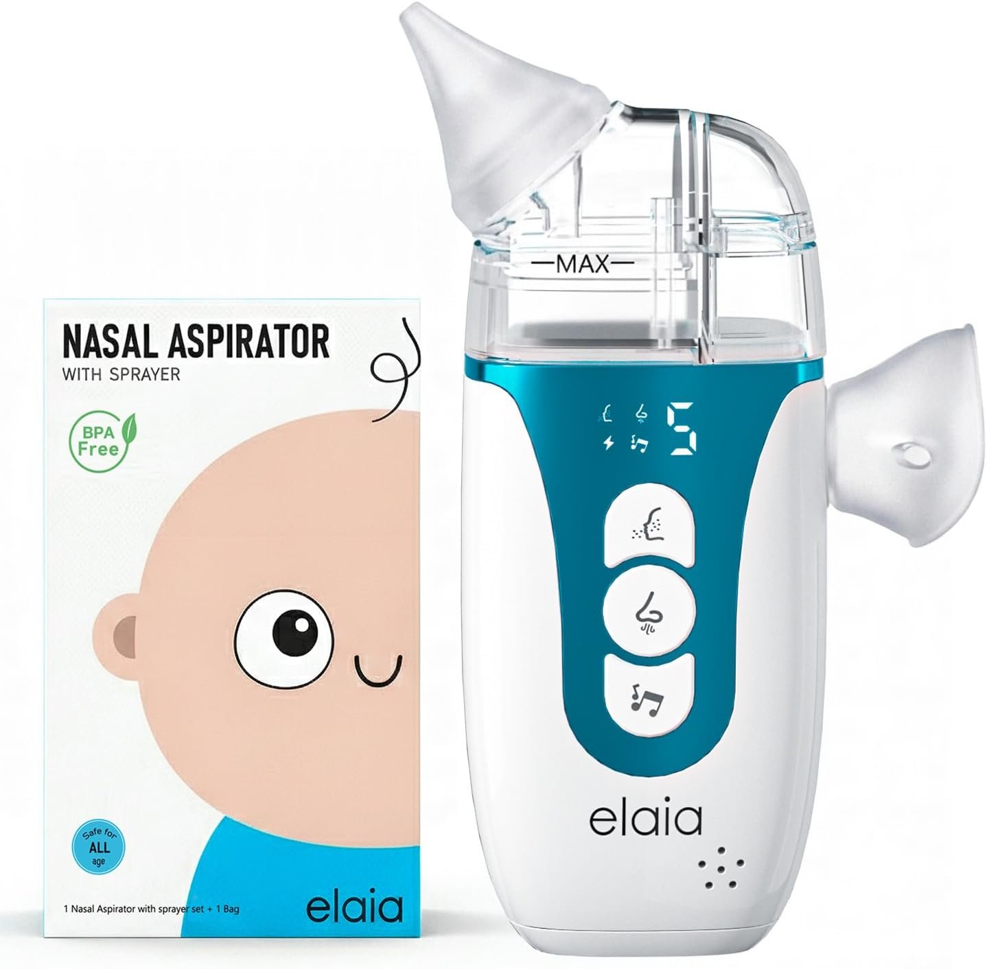 elaia 2-in-1 Electric Nasal Aspirator for Baby with Spray, Fine Mist, 5 Suction Levels up to 65kPa, BPA-Free Silicone, Quiet Nose Sucker, Portable Snot & Booger Sucker for Infants