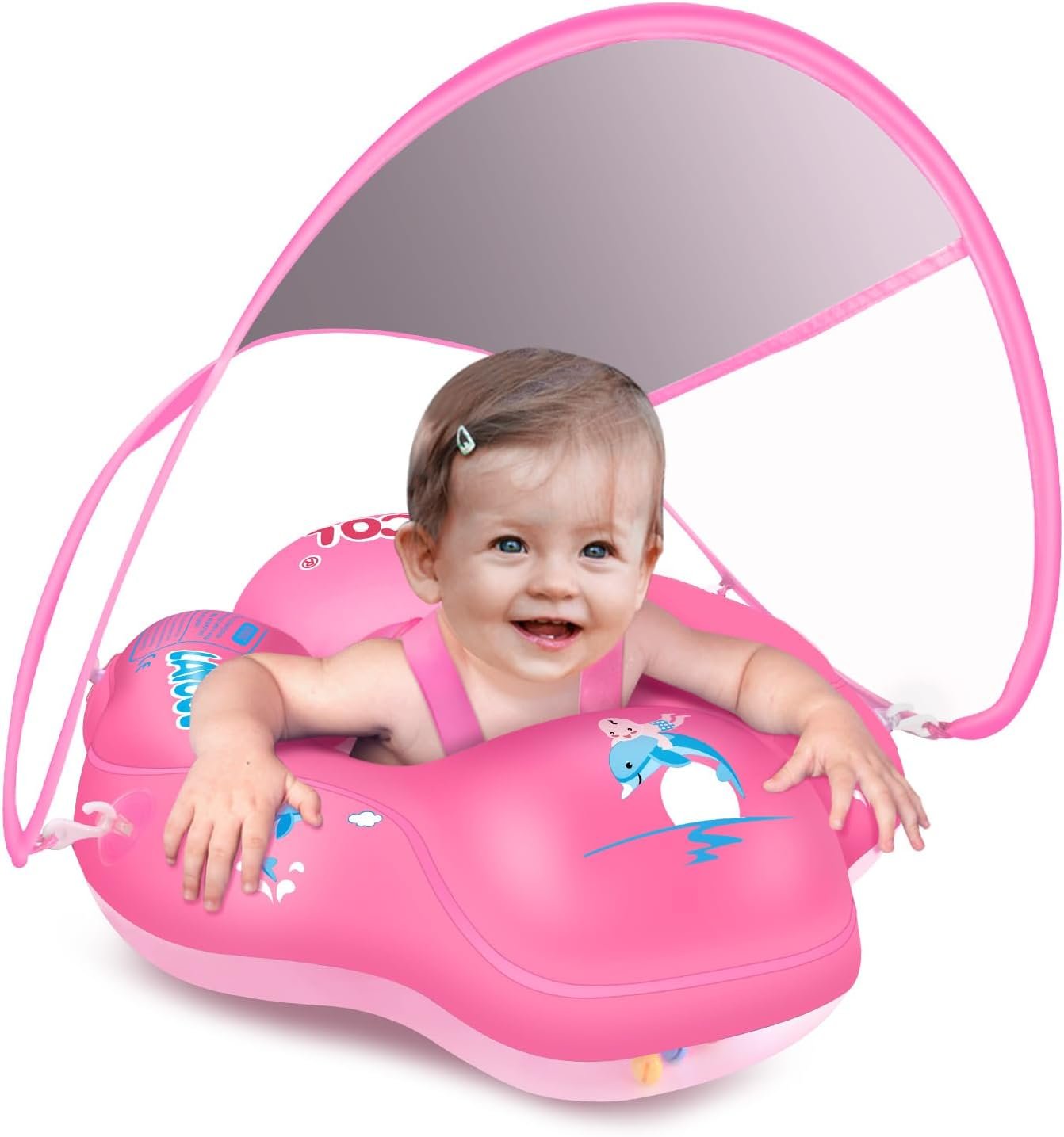 LAYCOL Baby Pool Float with Canopy UPF50+, 5 Point Safety Buckle No Flip Over, Inflatable Toddler Floaties Infant Pool Floats with Double Air Chambers, Baby Beach Essentials/Traval for 3-36M