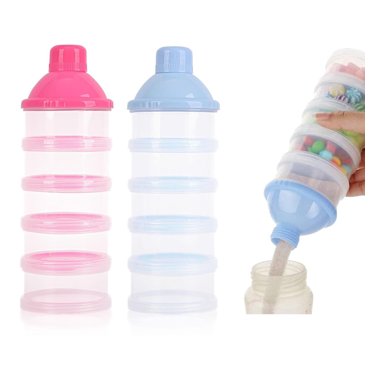 2 PCS 5 Layers Baby Milk Powder Dispenser, Milk Powder Pots, Formula Dispenser Portable Milk Powder Formula Dispenser Container Pot Box Milk Cans Snack Storage Box for Travel (Blue + Pink)