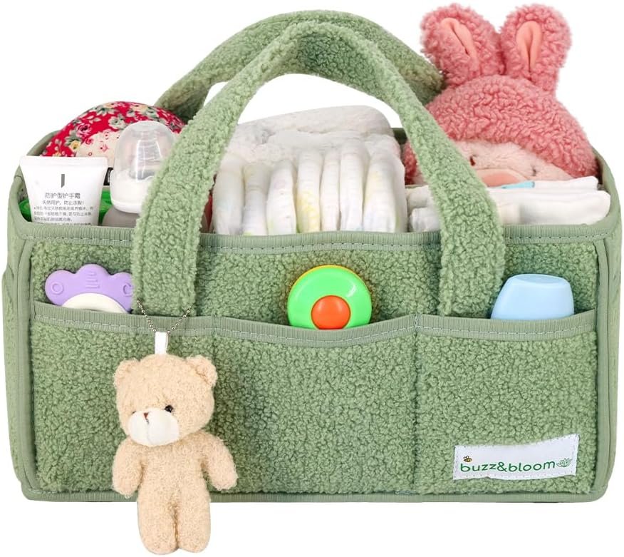 Buzz&Bloom Baby Teddy Diaper Caddy Organizer, Stylish Storage Basket for Newborn Essentials and Diaper Station, Gift for Baby Shower and Registry Must-Have (Sage)