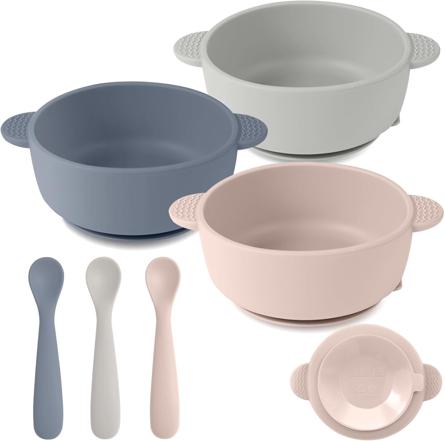 Eascrozn Silicone Baby Feeding Set, 3 Pack Baby Bowls with Suction and 3 Pack Baby Spoons for Babies Toddlers Kids, BPA Free, Baby Utensils Feeding Supplies, Microwave and Dishwasher Safe