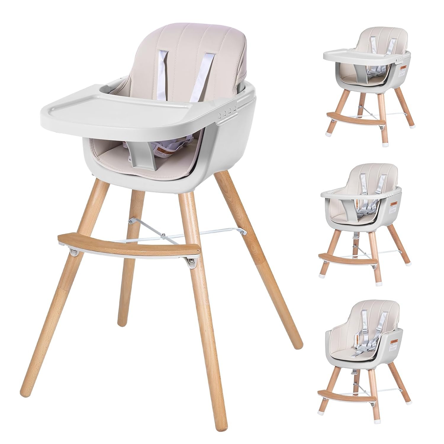 High Chairs for Babies and Toddlers,3 in 1 Convertible Wooden highchair, Baby High Chair with Adjustable Legs,5 Point Harness, Footrest, Dishwasher-Safe Tray & PU Leather Cushion, Beige