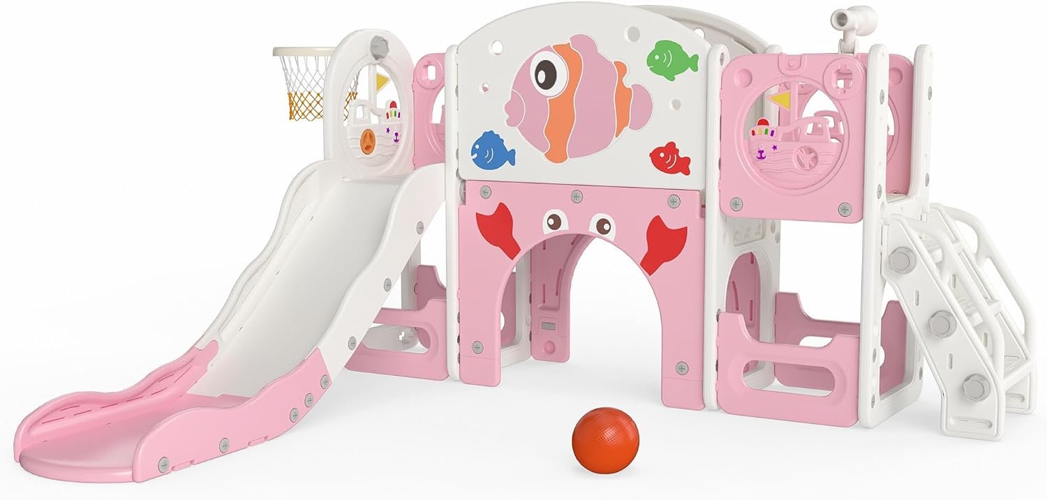 NYEEKOY 8-in-1 Toddler Slide, Toddler Outdoor Playset, with Toddler Climber and Kids Slide, Suitable for Indoor Playground for Kids 1-3, Pink Fish