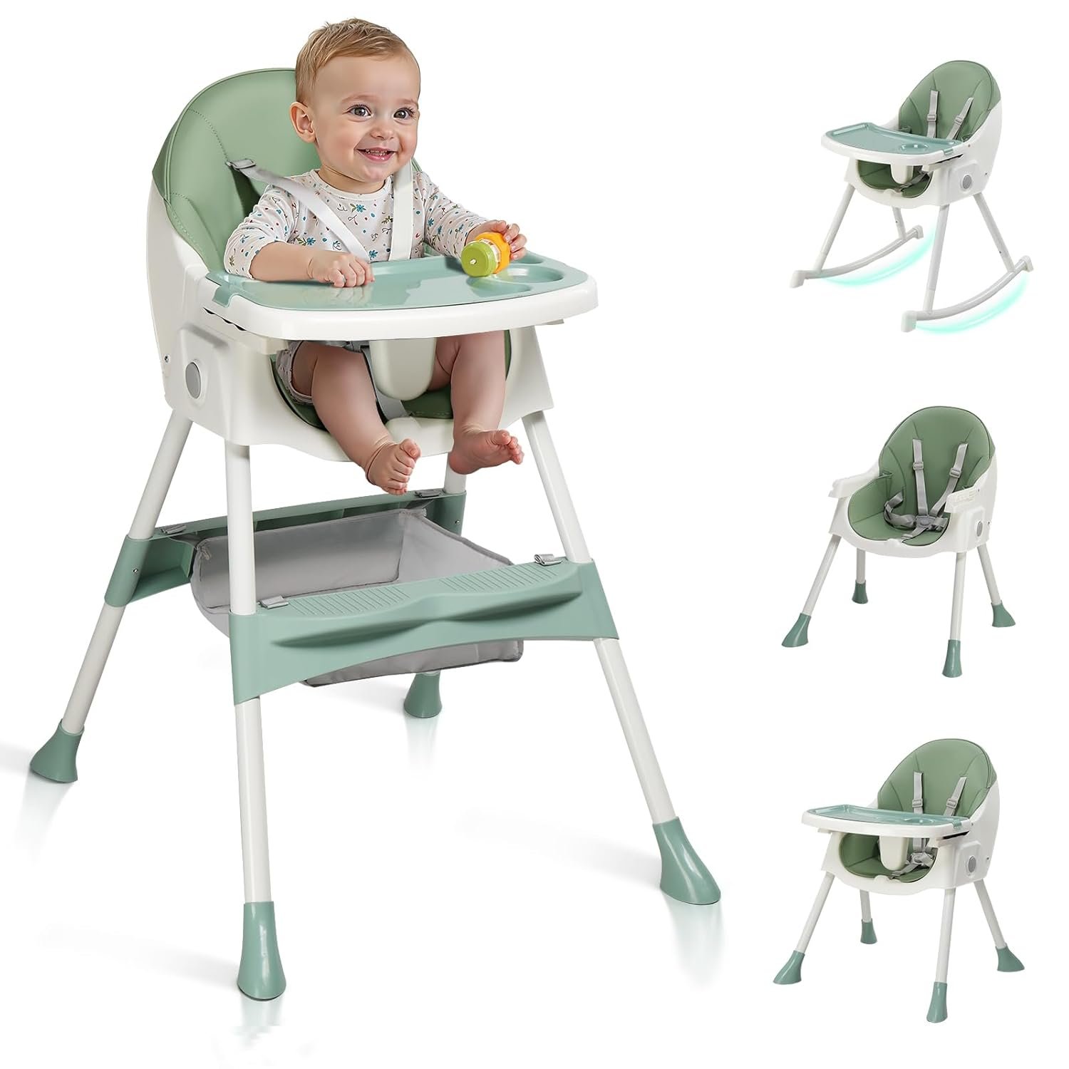 Ktaxon Baby High Chair, 6-in-1 Portable Feeding Rocking Seat with Adjustable Backrest, Removable Tray and 5-Point Safety Harness, Travel Folding Highchair for Toddlers & Babies, Green