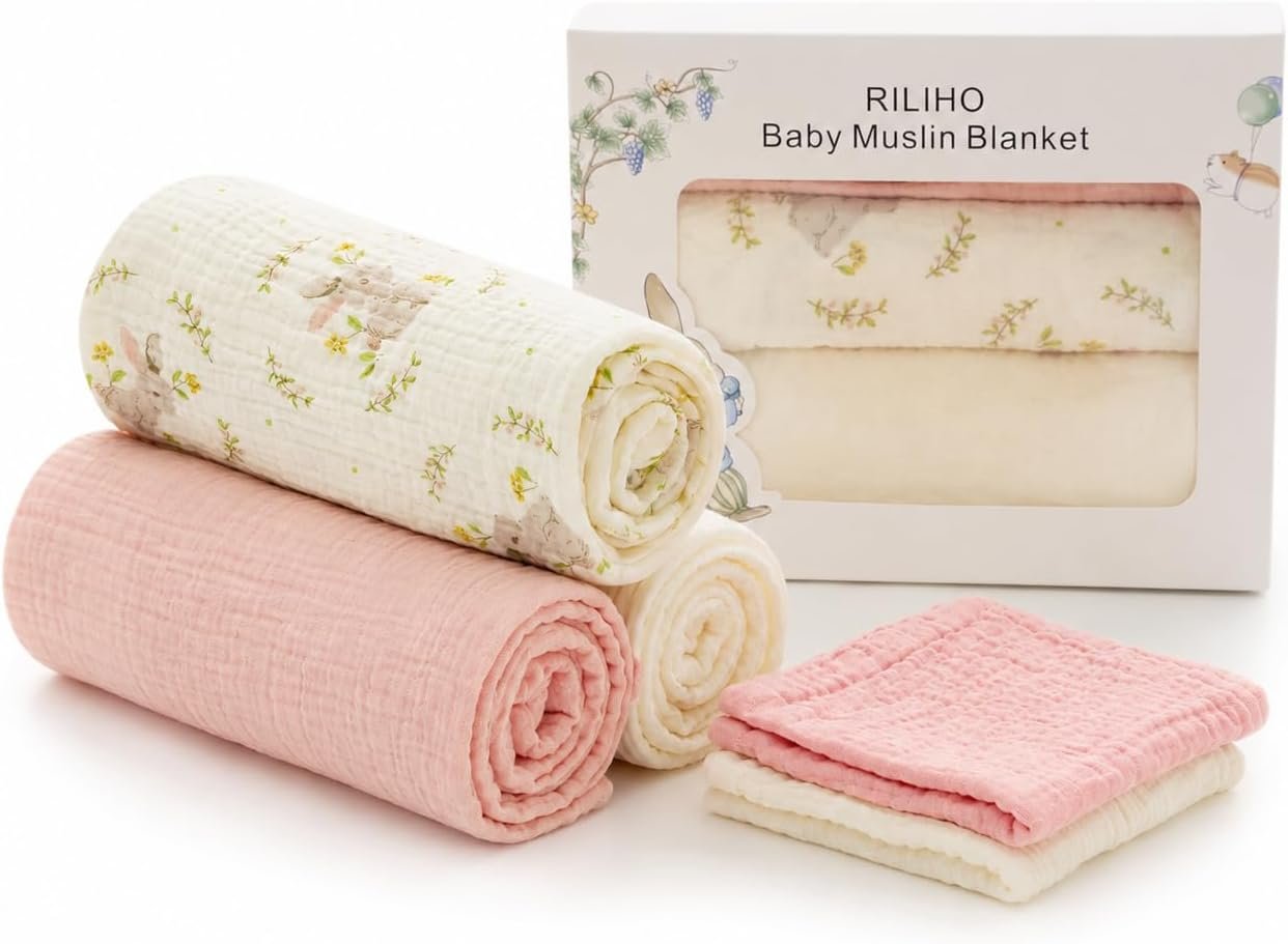 5 Pack Muslin Swaddle Blankets & Baby Burp Cloths, Soft & Breathable Cotton Baby Blankets, Receiving Blankets for Newborn Girl, Nursery Infant Essentials, Swaddling Wrap for Unisex (Pink & White)