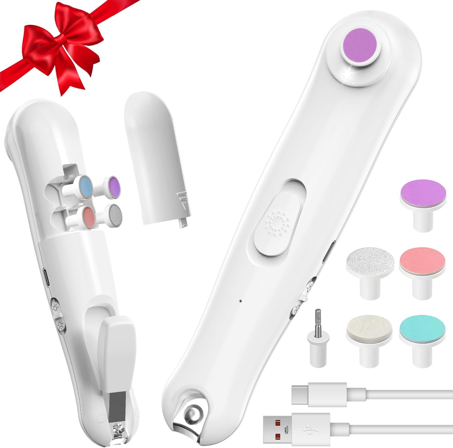 Baby Electric Nail Trimmer Baby Nail Clippers, Safe Nail Filer Grinder Kit for Newborn Infant Toddler Kids or Adults Toenails Fingernails Care Trim Polish, with Led Light and 6 Grinding Heads