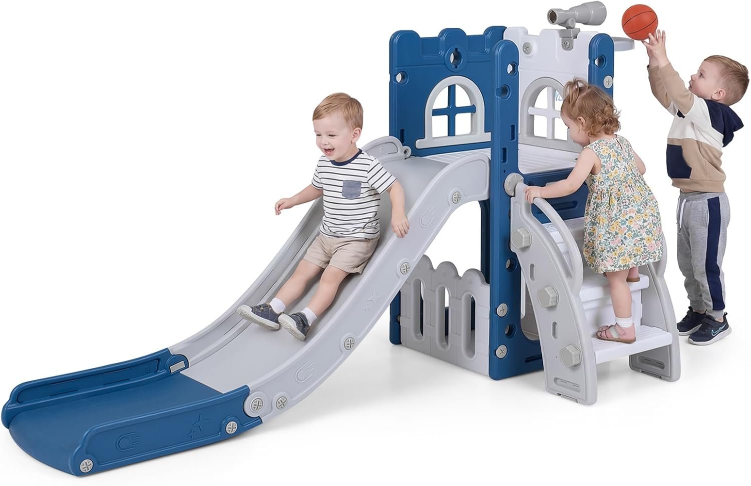 BABY JOY Toddler Slide, 6-in-1 Indoor Kids Slide Playset with Basketball Hoop, Telescope, Climbing Ladder & Storage Space, Freestanding Playhouse & Climber for Kids Aged 1-3 (Deep Blue)