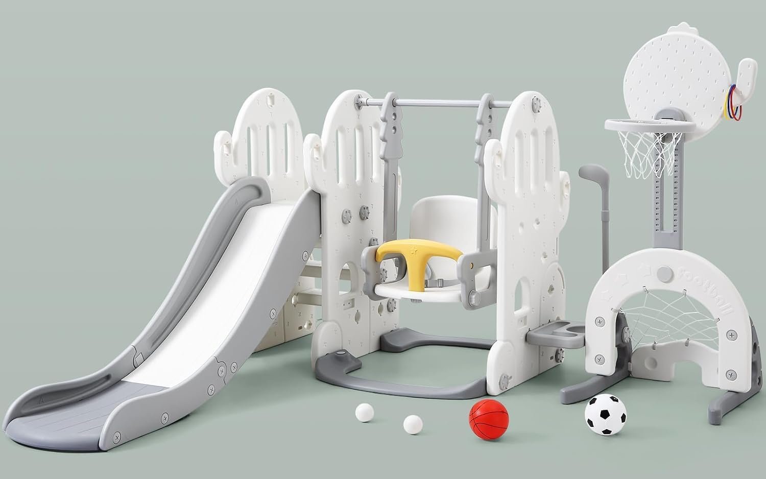 Toddler Slide and Swing Set, 7 in 1 Kids Slide for Toddlers Age 1-3, Indoor Outdoor Playset with Adjustable Swing, Basketball Hoop, Soccer Golf & Ring Toss Game, Grey