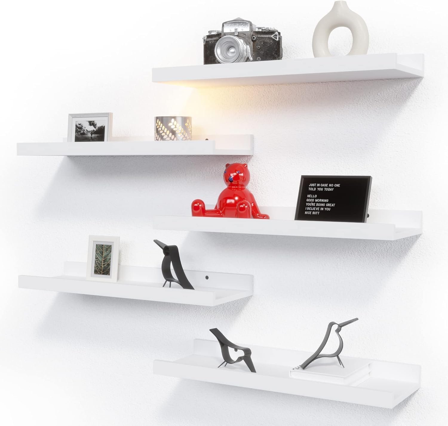 RICHER HOUSE 5 Set White Floating Shelves, Wall Mounted Shelves for Wall Decor, Modern Picture Ledge Shelf with Lip for Storage Nursery, Bedroom, Living Room, Bathroom - White