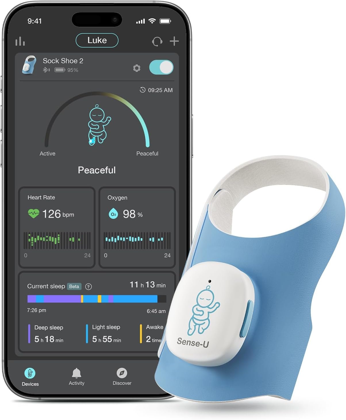 Sense-U Smart Sock Shoe 2 Baby Monitor – Tracks Heart Rate & Sleep Patterns with Transmissive PPG Foot Sensor, for 1–12 Months