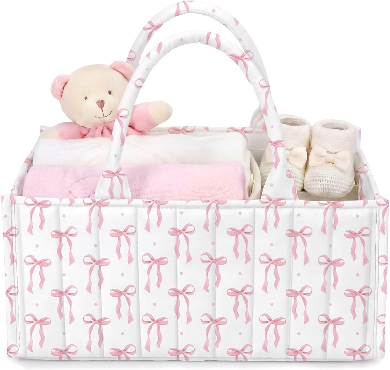 Shinylin Diaper Caddy Organizer with Pink Bow Portable Nursery Storage Basket with Handles and Removable Dividers Cute Storage Bin for Organizer Diaper Caddy Baby Wipes Baby Shower Gifts