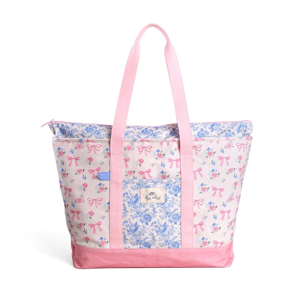 Itzy Ritzy Canvas Tote Bag - Zip-Top Closure, Roomy Main Compartment & 4 Pockets - Lightweight Cotton Canvas Carryall for Moms - Perfect for Travel, Beach, Errands & Everyday (Ribbons & Bows)
