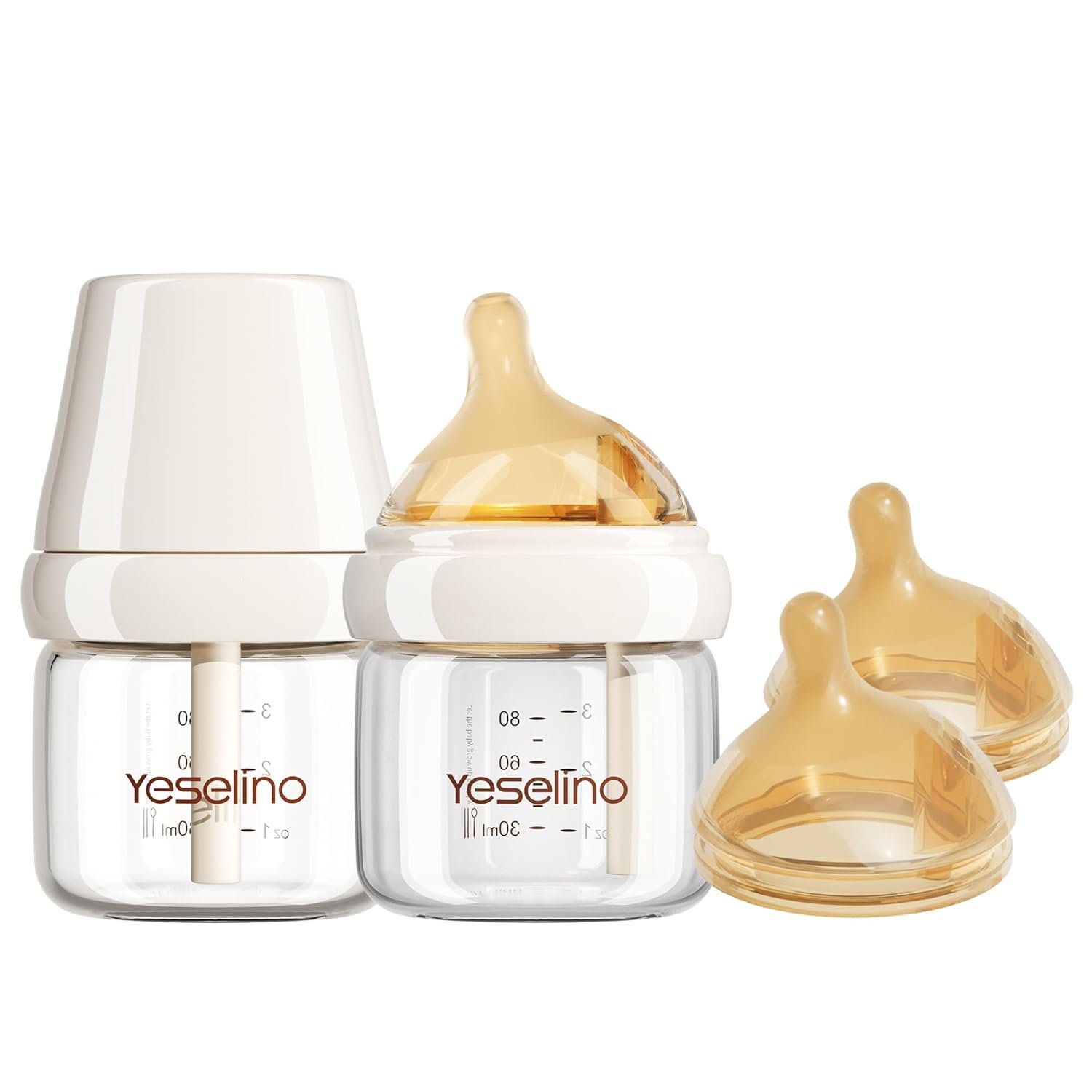 Natural Nursing Glass Baby Bottle - with Anti-Colic Vent System - BPA-Free, 3 oz with Slow Flow Nipple, 0-6 Months, 2 Pack (Includes 4pcs Nipples)