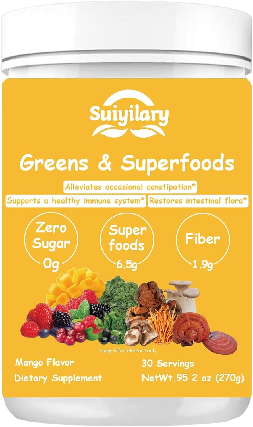 Suiyilary Greens Superfoods Powder for Digestive Health, Sugar Free Super Greens Powder, Spirulina, Chlorella for Bloating & Gut Support, Daily Support for Women, 30 Servings, Mango