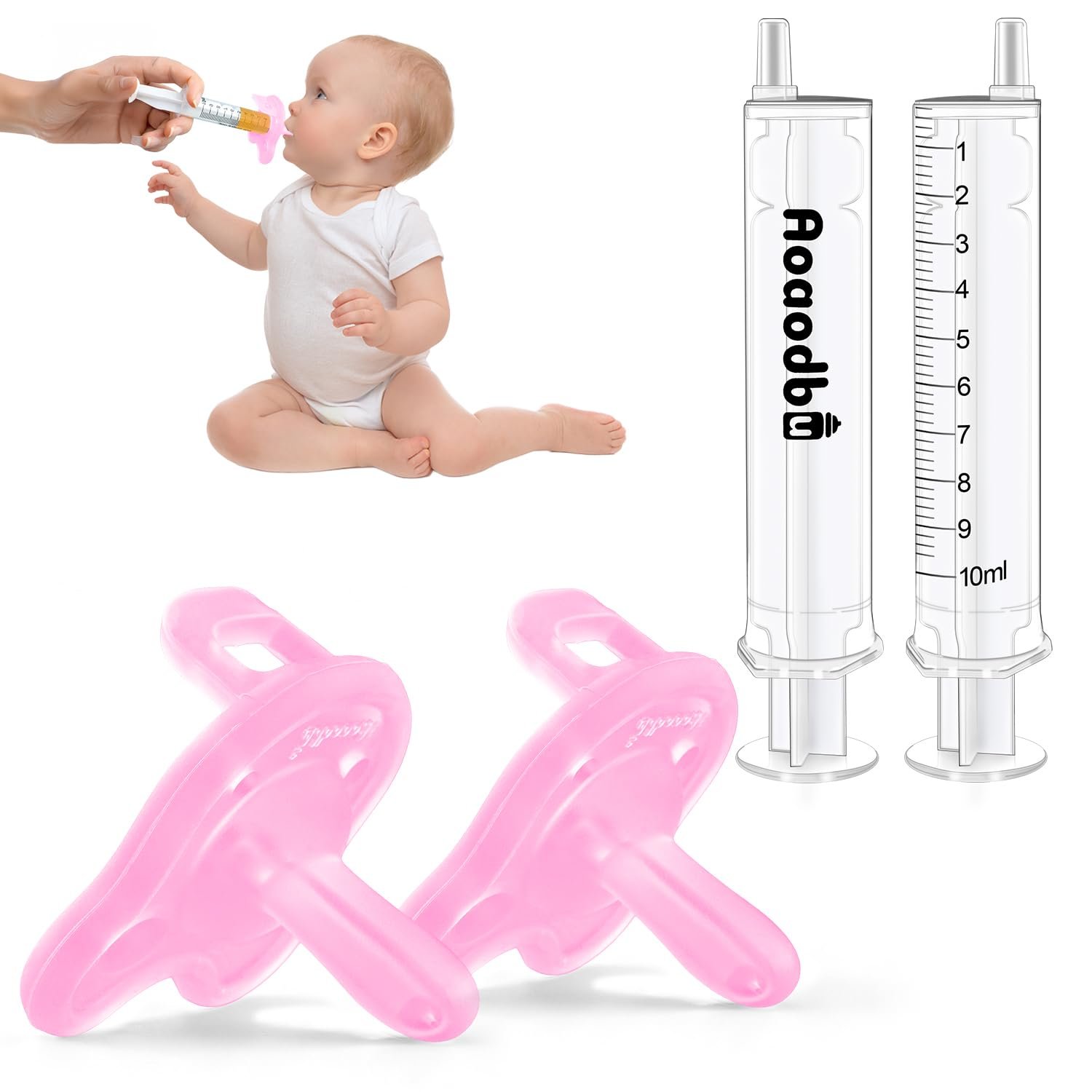 Baby Medicine Dispenser, Baby Medicine Syringe, 0 Months and up Baby Pacifiers, 100% Silicone Pacifiers, BPA-Free (Pink, Model 1)