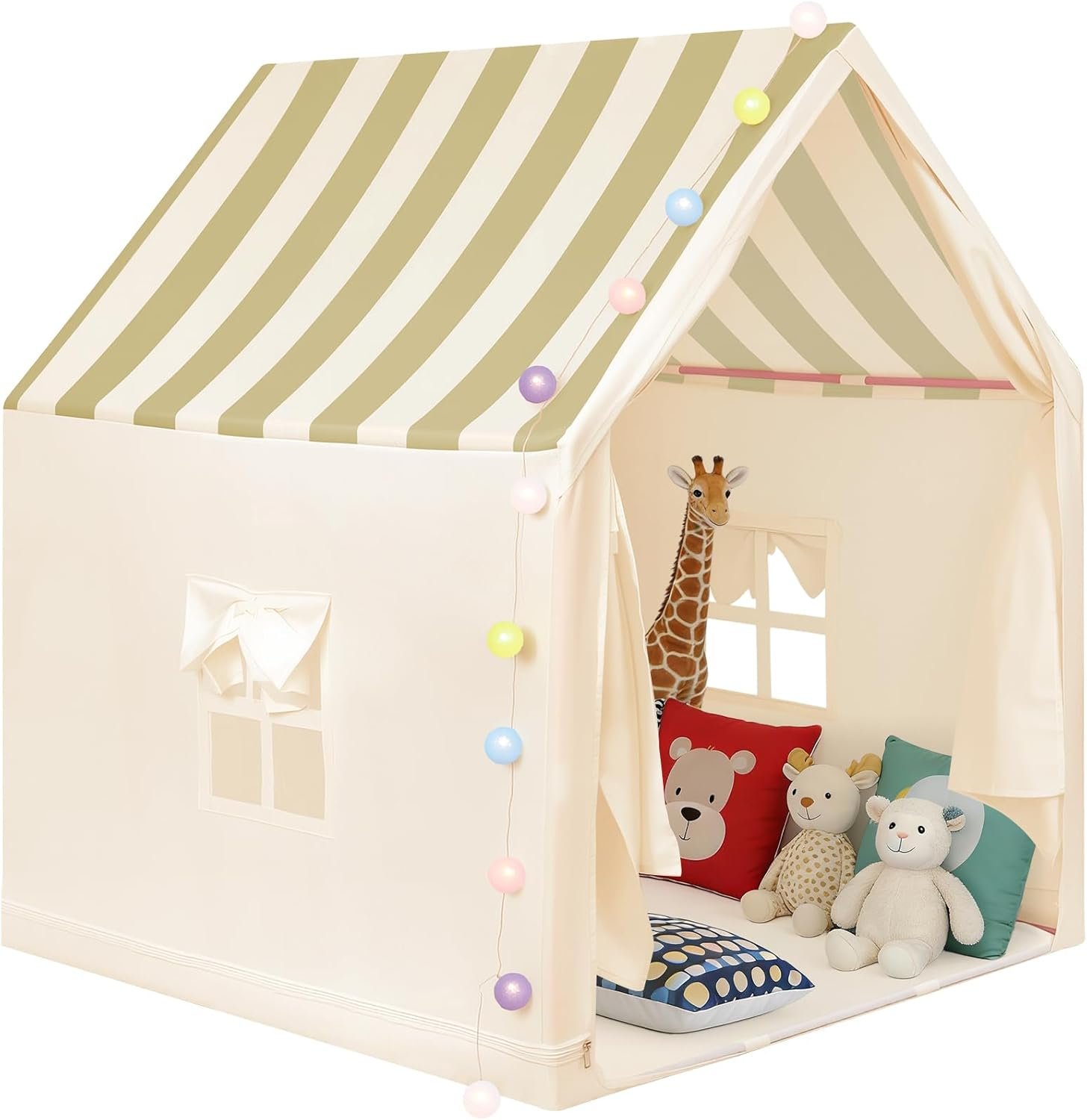 Anbte Kids Play Tent, Spacious & Portable Playhouse Toddler Tent, Indoor/Outdoor Playhouse for Toddlers Kids Toys for Boy Girl Birthday Gift, Easy Setup Metal Rods with Lights, Beige Stripes
