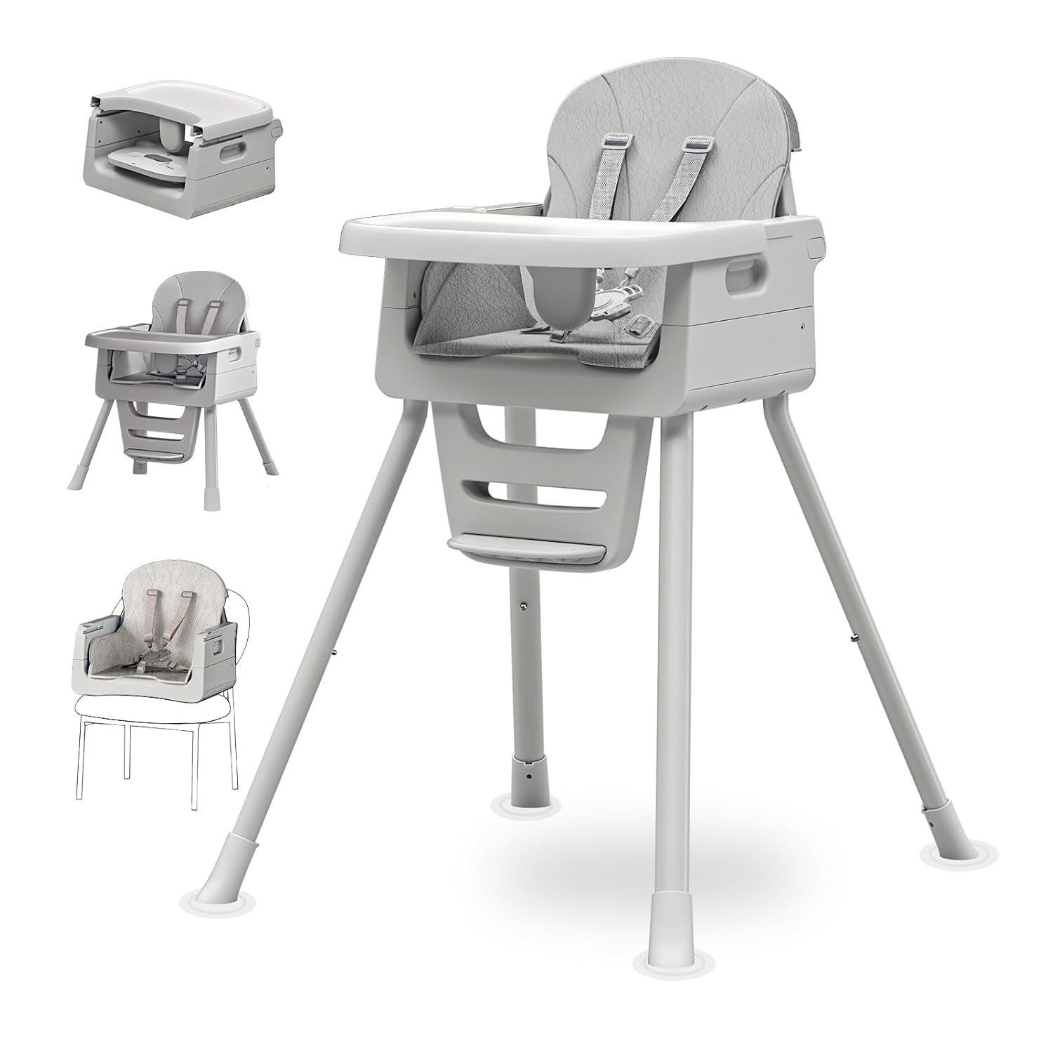 Portable 3 in 1 High Chairs for Babies and Toddlers, Convertible Baby Feeding Chair with Tray, Easy Clean Baby High Chair for Toddler with Foot Rest, Infant Highchairs & Booster Seats with Cush Grey