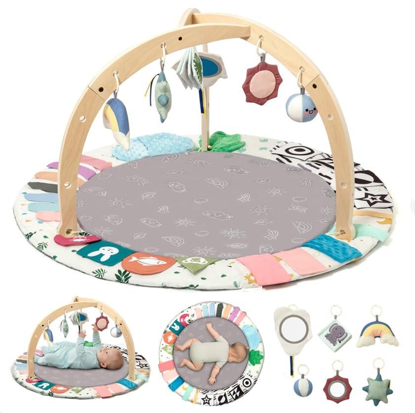 Baby Play Gym Mat with Tummy Time Activity for Newborn Girls and Boys, Non-Slip Floor Mat Includes 6 Detachable Toys for Sensory Development, Machine Washable, Essential Gift (Grey)