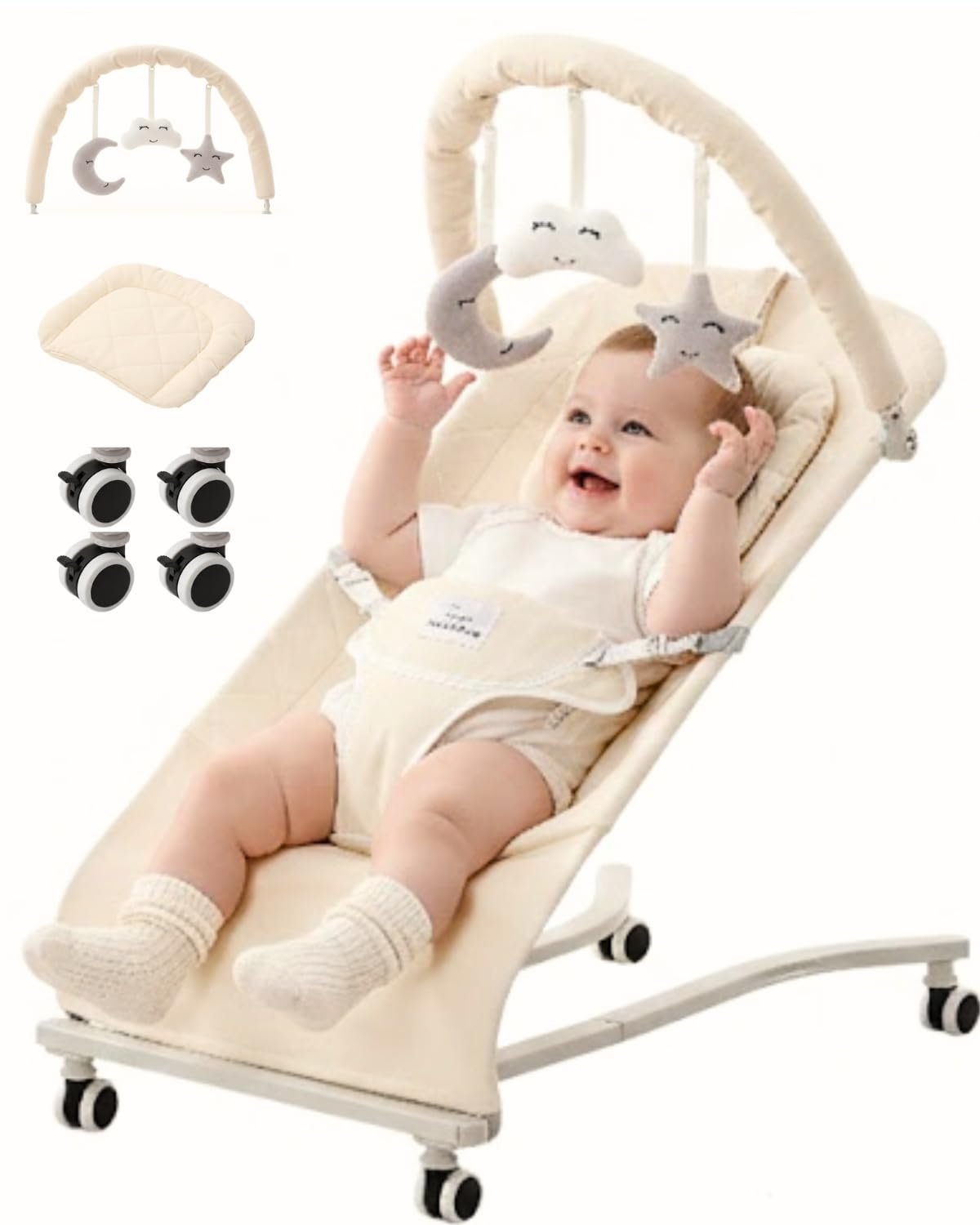 Cuddobaby Baby Bouncer on Wheels |100% Cotton, Head Support Cushion| Soft Plushies, 3-Level Adjustable Bouncer Seat for Babies 0-12 Months, Bouncy Chair up to 20Lbs, Baby Shower - Oat