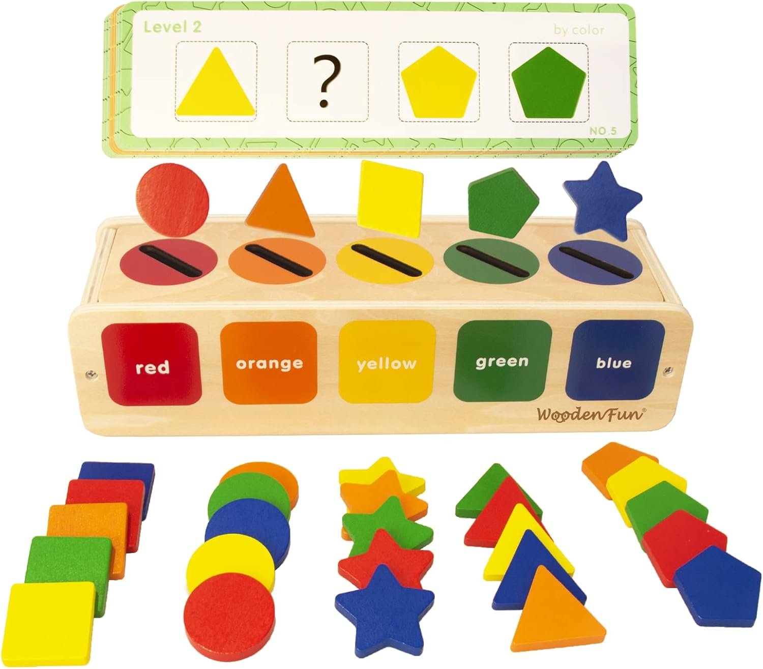WOODENFUN Color Shape Sorting Toy for Toddler, Wooden Montessori Shape Sorter Color Matching Box Game, Learning Sensory Toys Gift for Boy Girl 3 Year Old