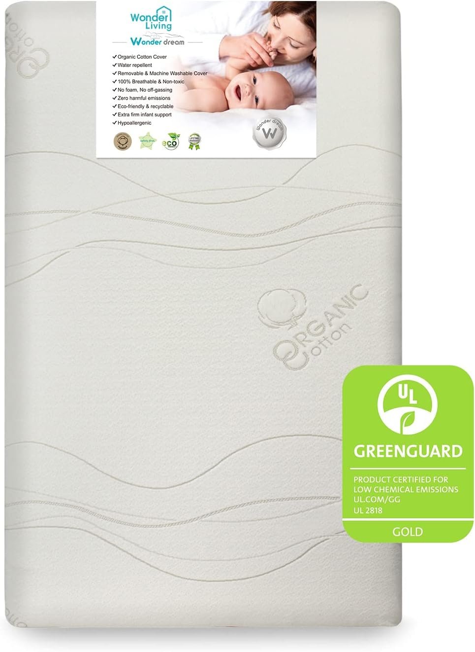 Wonder Dream Mini Crib Mattress, Organic Cotton Cover, 100% Breathable, Non Toxic, No VOC's, Greenguard Gold Certified, Made in USA