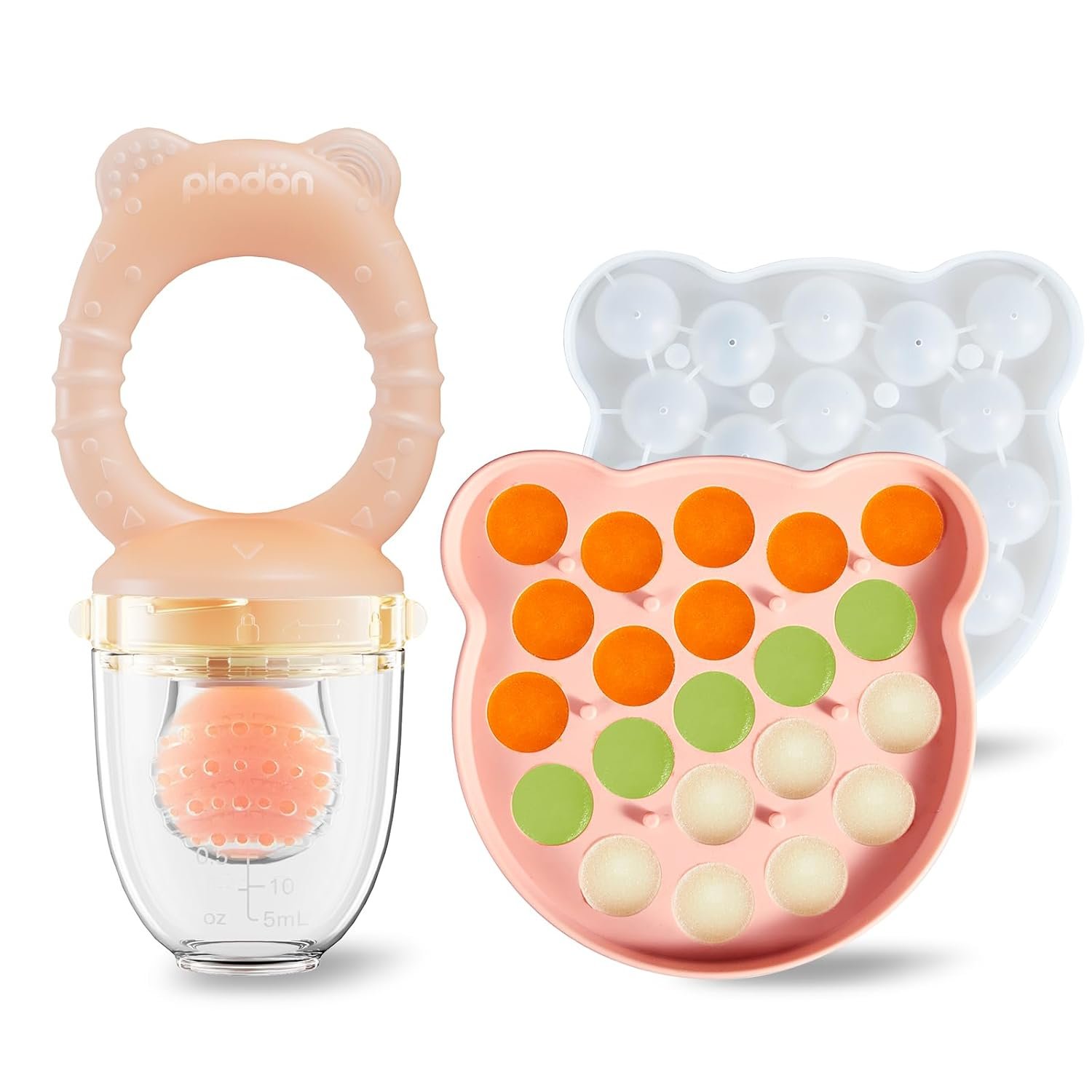 Baby Fruit Feeder& Teether with Freezer Tray Combo, BPA-Free Silicone Food Feeder for 4+ Months, Breastmilk Popsicle Molds for Teething Relief, Dishwasher Safe Baby Food Freezer Tray with Lid