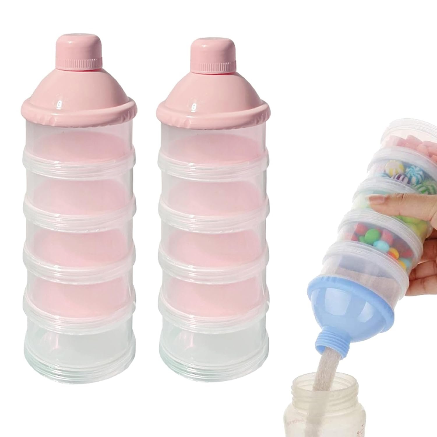 2 PCS 5 Layers Baby Milk Powder Dispenser, Milk Powder Pots, Formula Dispenser Portable Milk Powder Formula Dispenser Container Pot Box Milk Cans Snack Storage Box for Travel(Light Pink+ Light Pink)
