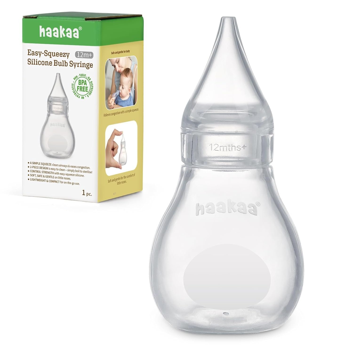 Haakaa Silicone Baby Nasal Aspirator | Nose Bulb Syringe | Easy-Squeezy Baby Nose Cleaner, Newborn Infant &Toddler - BPA Free Silicone