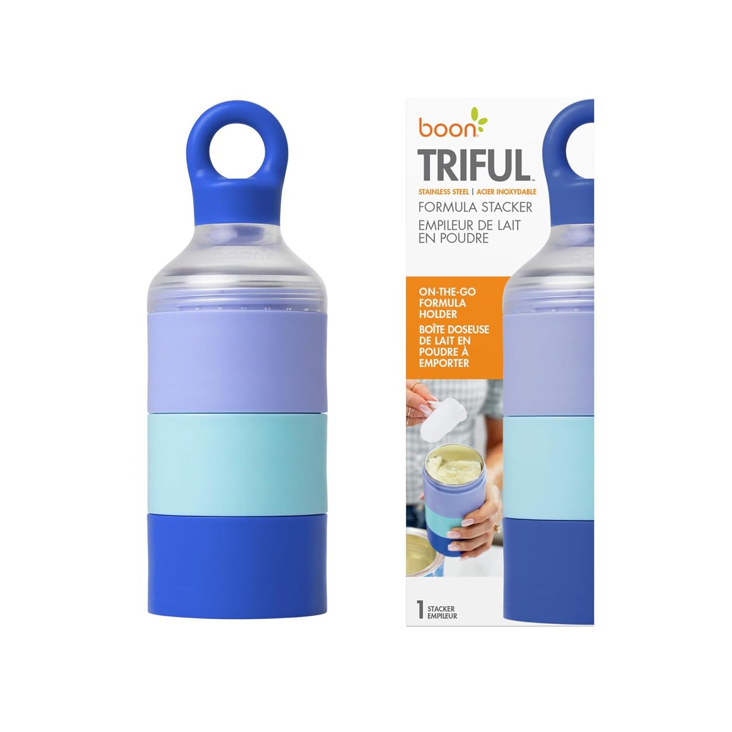 Boon Triful Baby Formula Dispenser On the Go - Insulated Stainless Steel Formula Containers with Stacking Design - Baby Bottle-Feeding Supplies for Travel, Camping, 8 oz, Blue