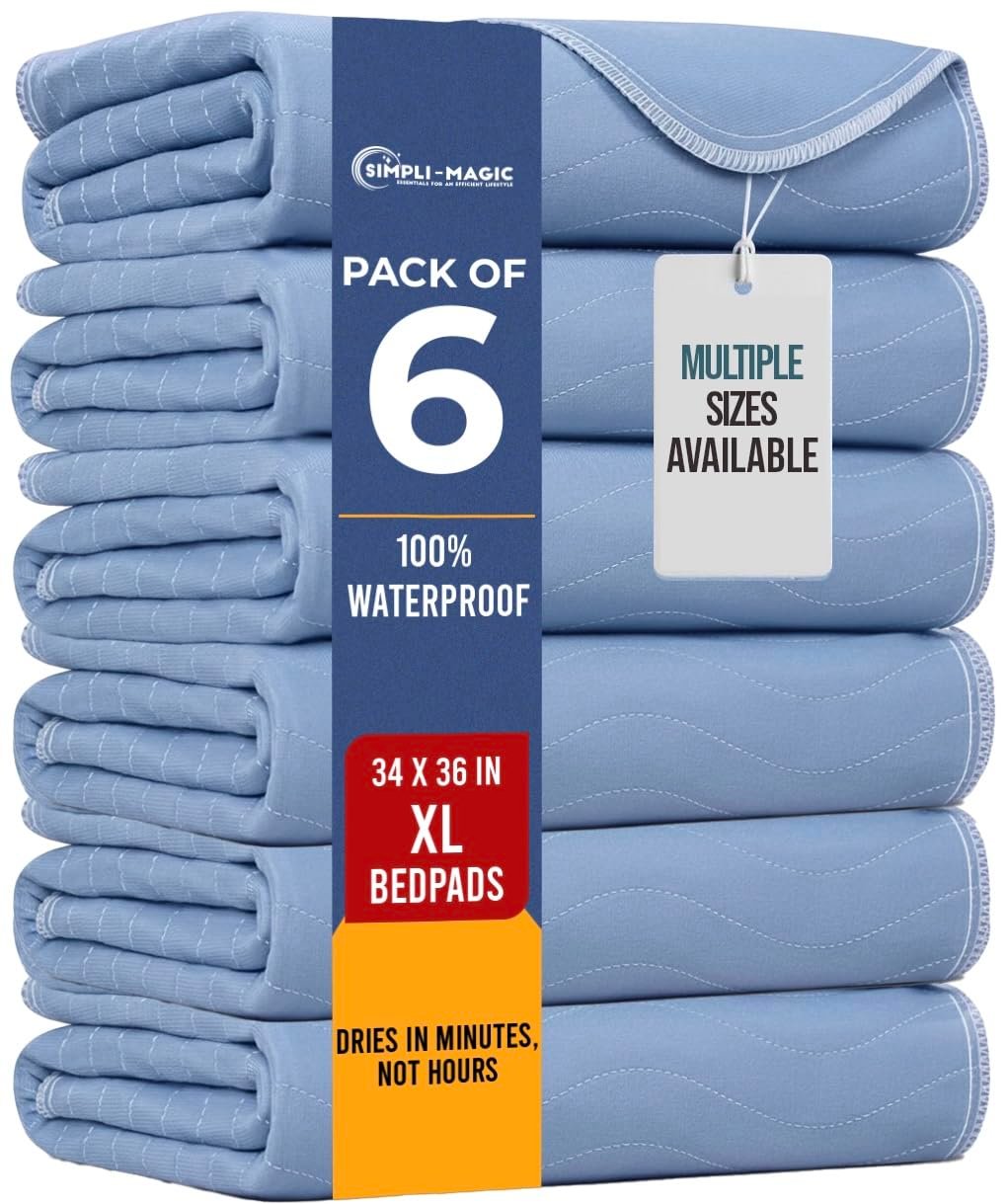 Simpli-Magic Washable Underpads, 34"x36" (Pack of 6) Heavy Absorbency Reusable Bedwetting Incontinence Pads for Kids,Adults,Elderly,and Pets, Waterproof Protective Pad for Bed,Couch,Sofa,Floor
