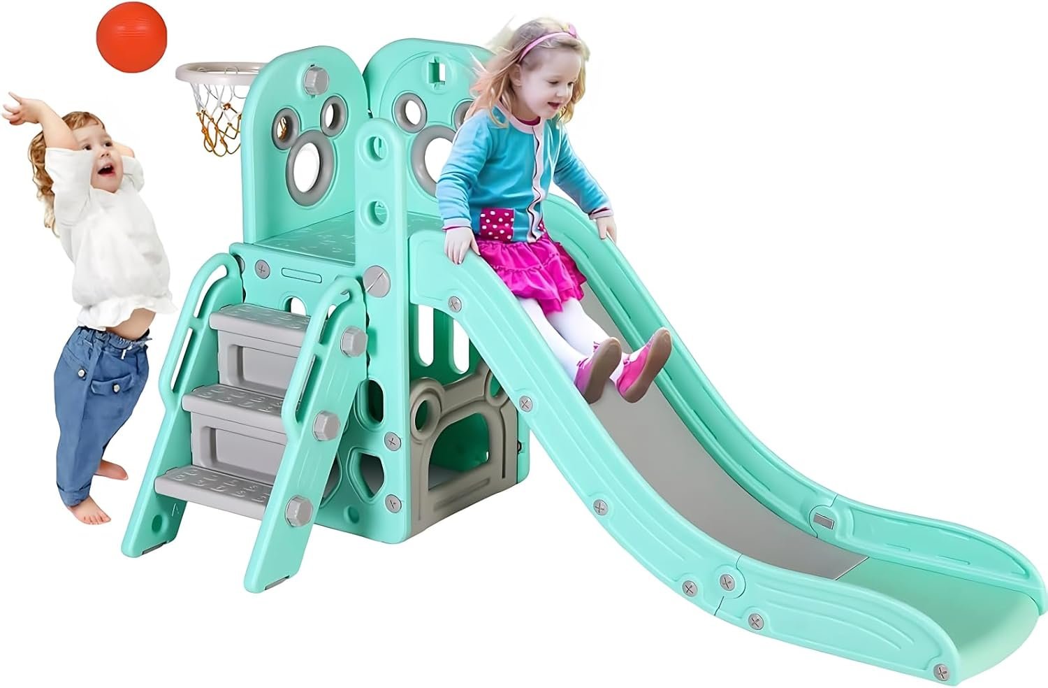 Arlopu 6 in 1 Toddler Slide, Kids Sturdy Slide with Basketball Hoop and Telescope, Non-Slip Steps, L-Shaped Baby Indoor and Outdoor Climber Playground Playset (Light Green)