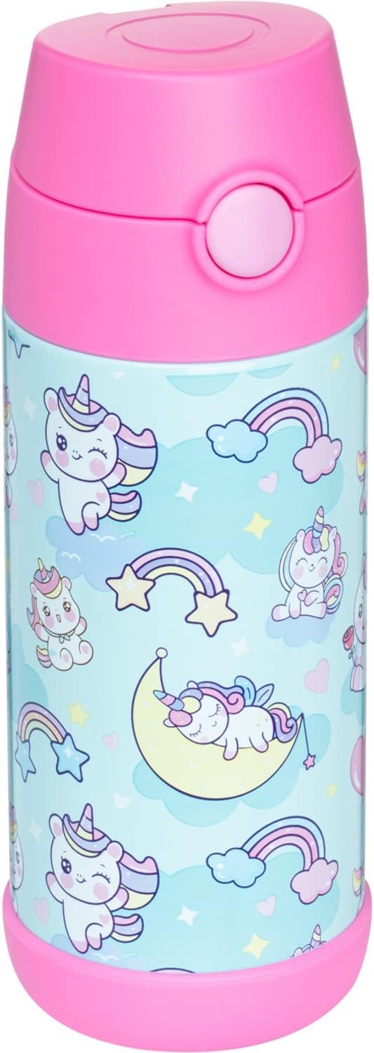 Snug Insulated Kids Water Bottle with Straw & Spout – Double-Wall Stainless Steel, Leakproof, Easy-Flip Lid – For School, Travel, Toddlers & Big Kids - Unicorns, 12oz