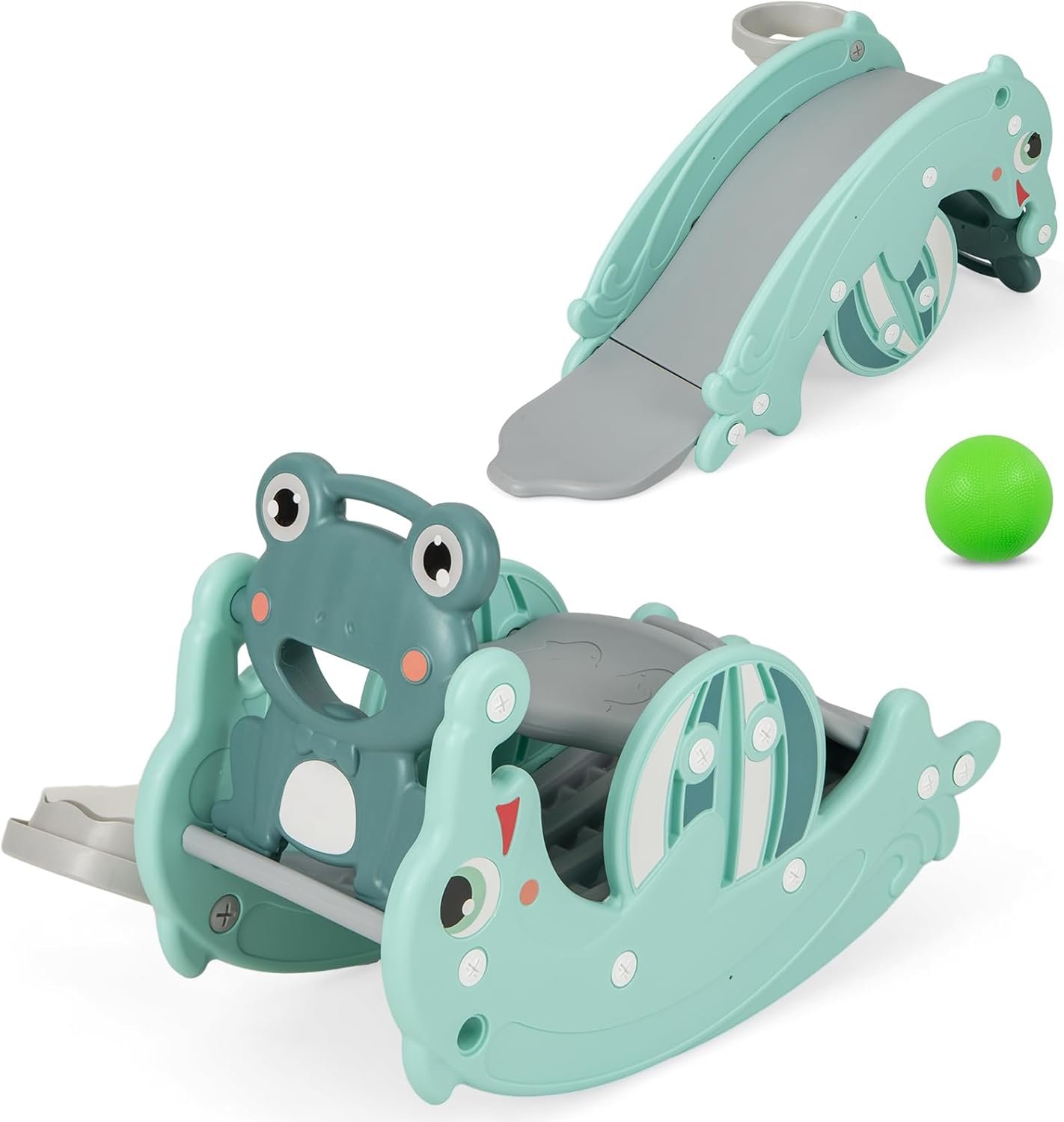 Costzon 4 in 1 Toddler Slide Rocking Toy, Slide for Kids with Basketball Hoop, Rocking Horse, Climber Playground for Both Indoors Outdoor Use (Green Frog)