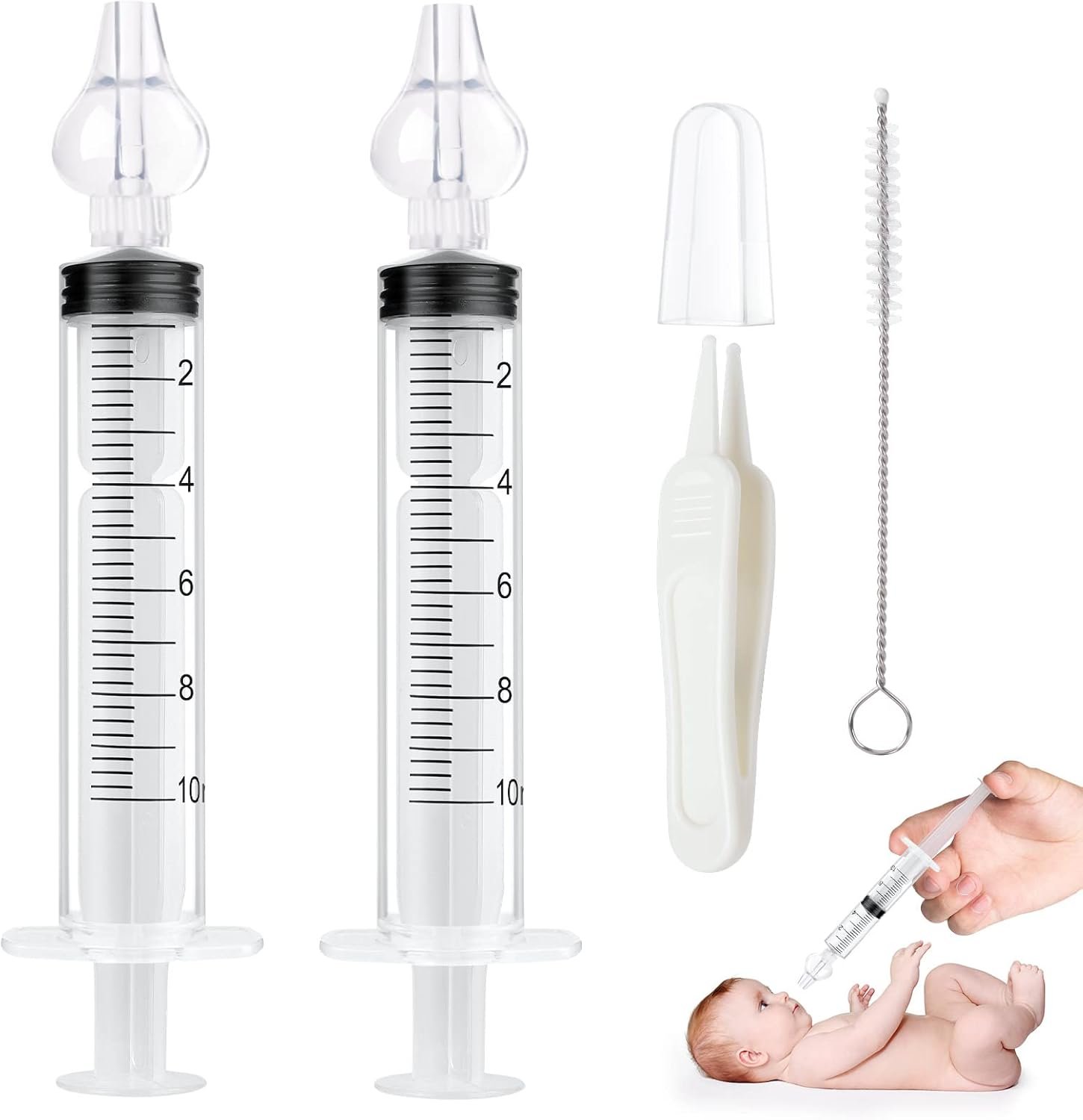 Aolso Baby Nasal Irrigator, 2PCS Nasal Syringe for Baby, Syringe Nasal Irrigator with Tweezers & Cleaning Brush, Baby Nasal Aspirator with Silicone Nasal Suction Tips Portable Baby Nasal Syringe