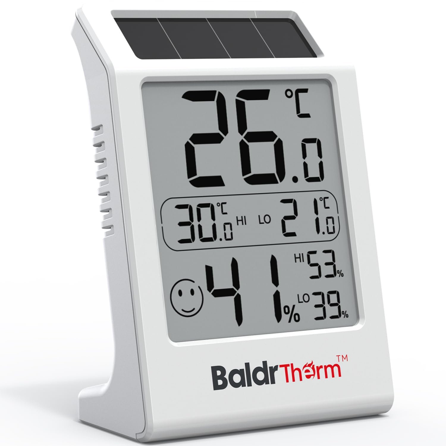 BaldrTherm Room Thermometer Indoor Humidity Meter, Solar-Powered 3.2'' Digital Temperature Sensor Monitor with Max/Min Reading, Comfort Indicator for Baby Room, Home, Office, White, 1Pack