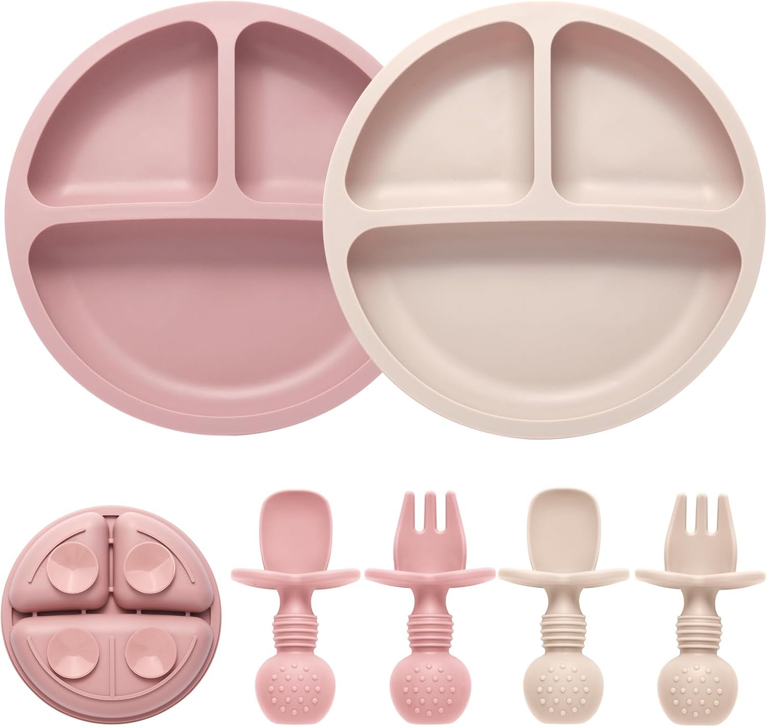 Eascrozn Silicone Feeding Set, 2 Pack Divided Toddler Plates with Suction, 2 Pack Utensils - Spoons & Forks, BPA Free, Baby Led Weaning Supplies